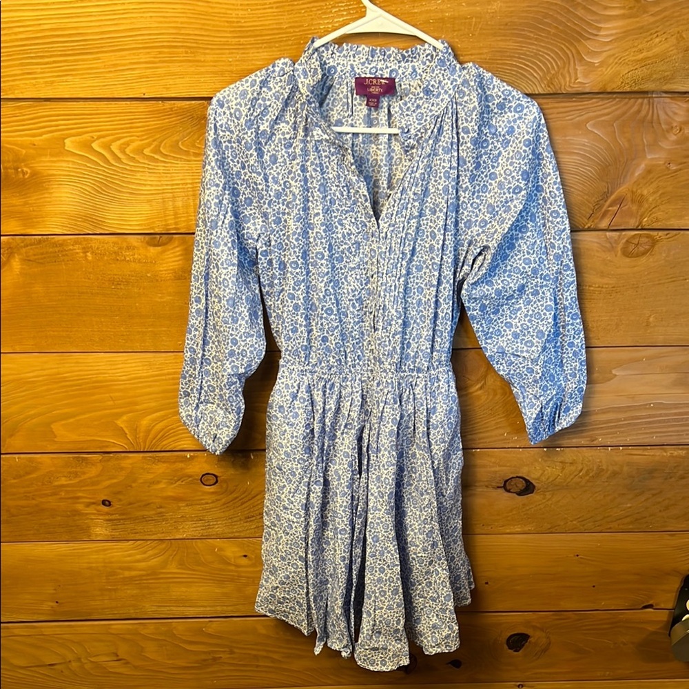 J CREW Women’s XXS BLUE FLORAL LIBERTY D'ANJO COST FABRIC RUFFLE COLLAR DRESS